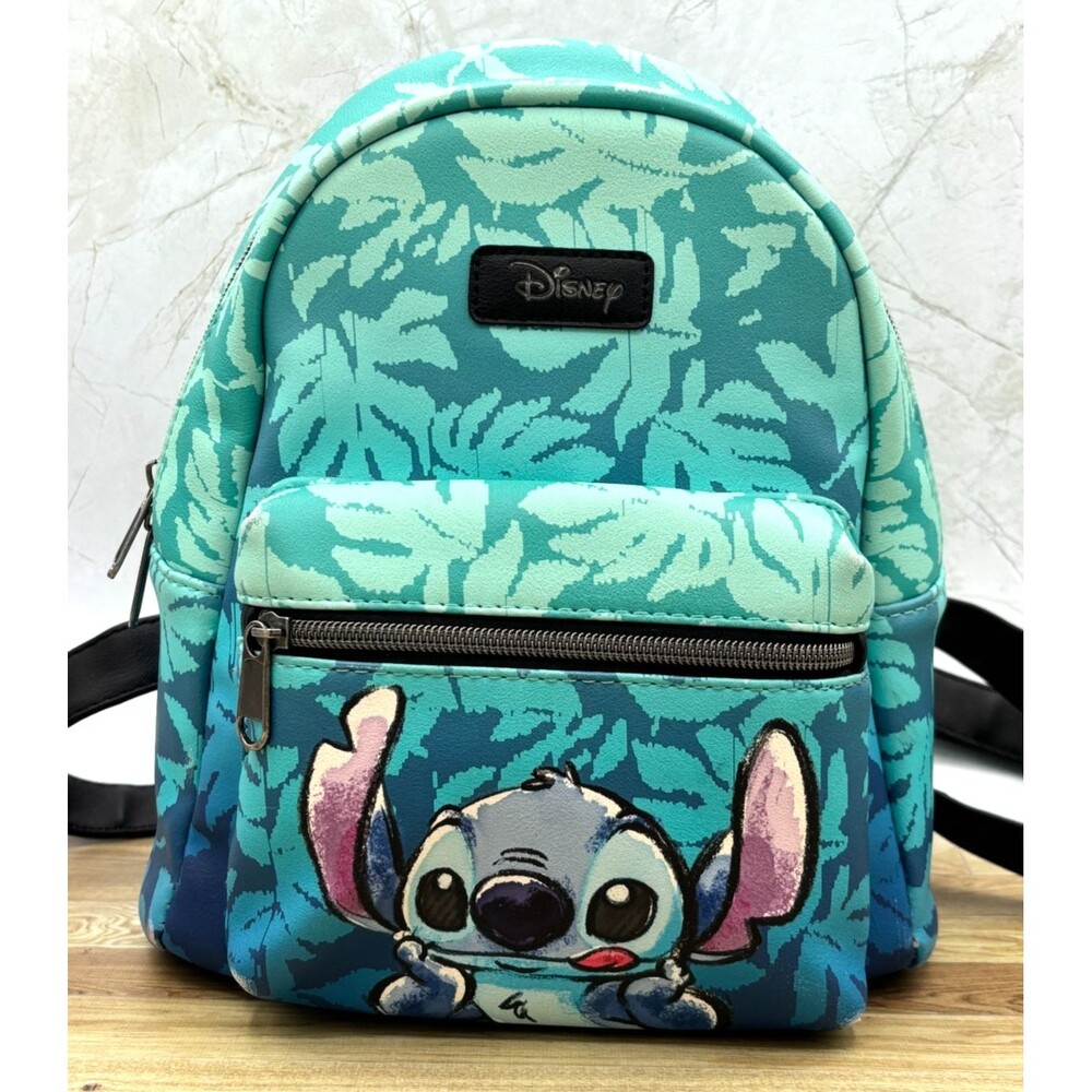 Disney Lilo & Stitch Loungefly Blue Tropical‎ Leaves Mini Backpack Zippered EUC